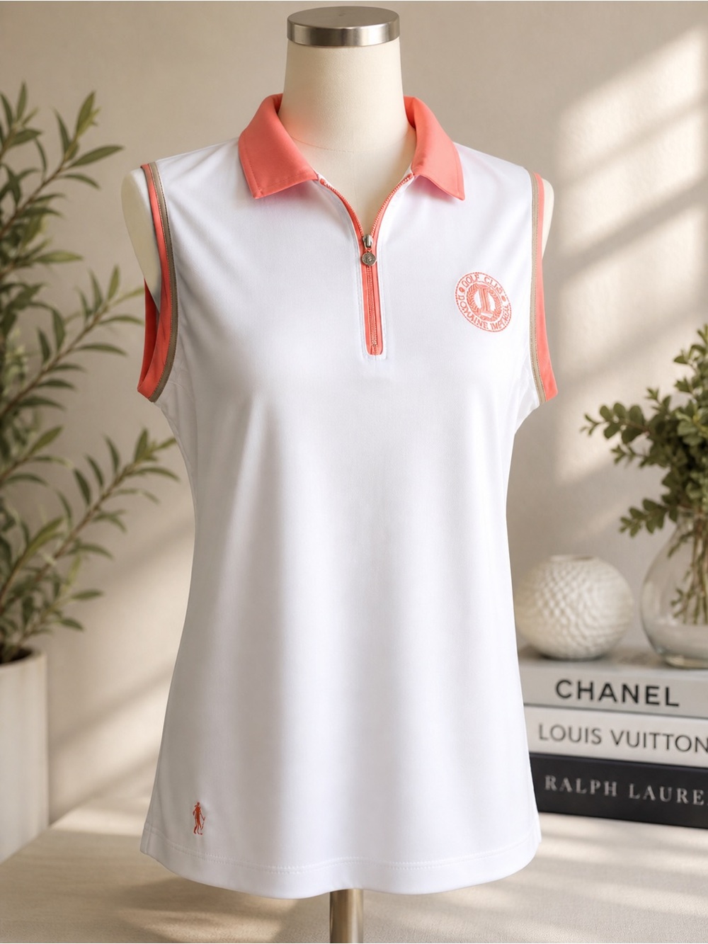 Glenmuir 1891 Sleeveless Golf Polo L White 1/4 Zip Moisture Wicking Coral Trim